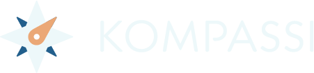 Kompassi logo with name. Logo is a stylised version of a compass rose. 