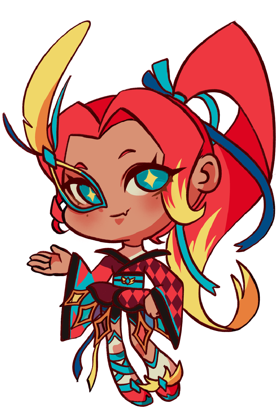 Chibi kuvitus Traconin Tara-maskotista. Taralla on korkealla ponihännällä punaiset hiukset keltaisilla latvoilla.